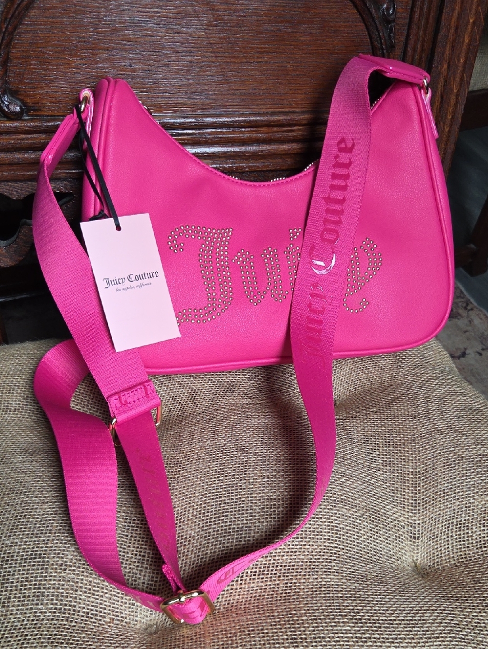 Juicy Couture Bright Pink Studded Logo Shoulder Bag with Branded Strap